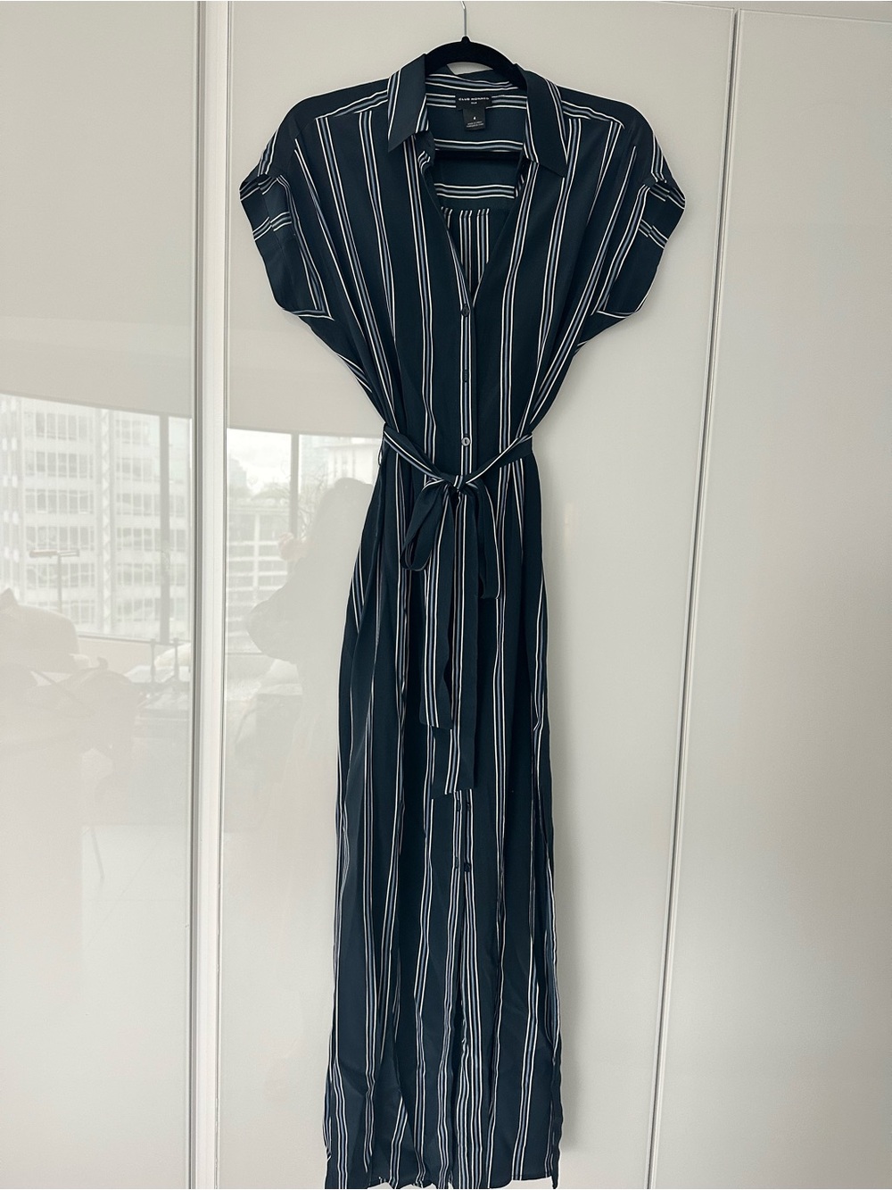 Club Monaco Navy and White Striped Maxi Shirt Dress with Tie Waist